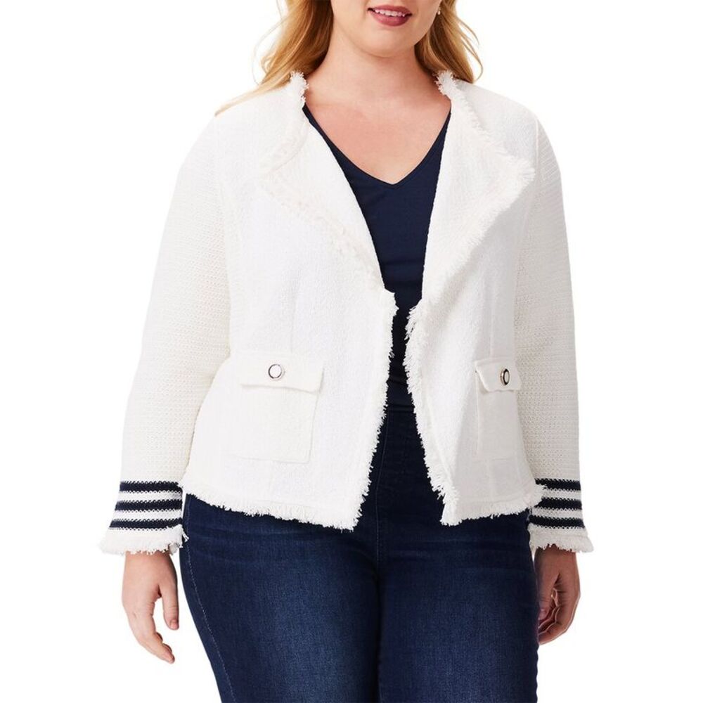 Nic+Zoe Womens  Plus Subtle Stripe Fringe Mix Knit Jacket